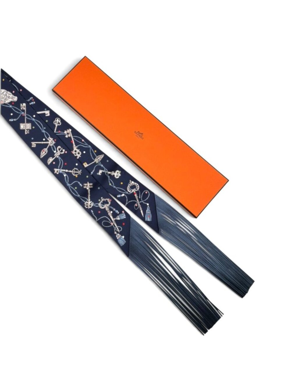 HERMES Navy Silk And Leather Fringe Twilly With Key Print
